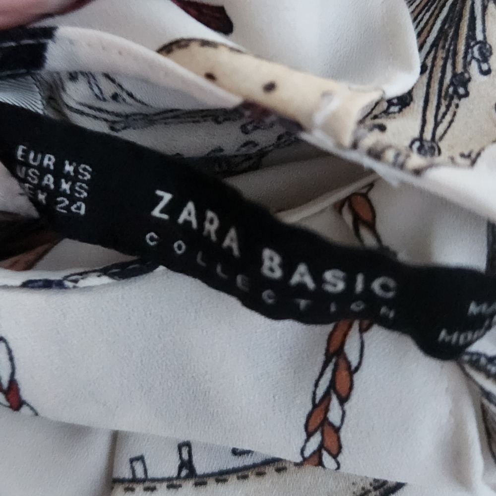 Zara Basic Collection Rope‎ Belt Tassels Print Top Blouse XS Extra Small - Picture 2 of 5